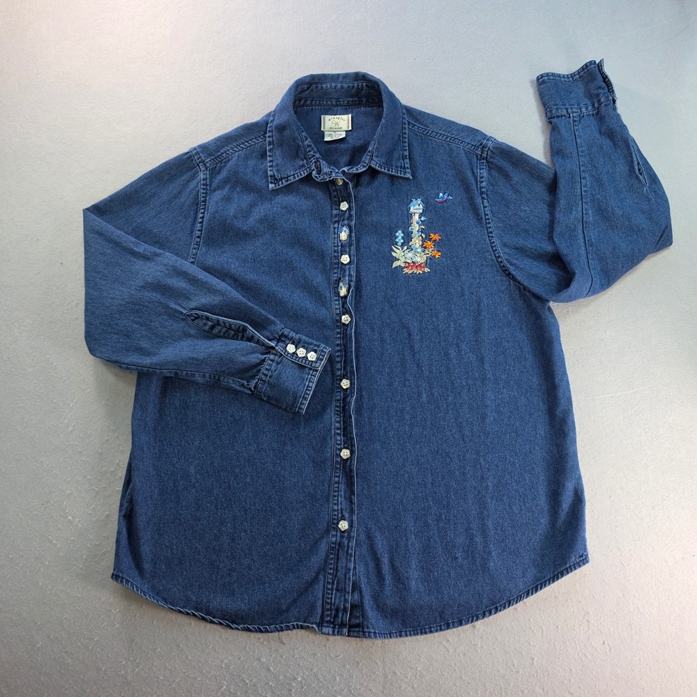 Wrangler Denim Shirt Womens XL Embroidered Birdhouse Floral Cottagecore Vintage
